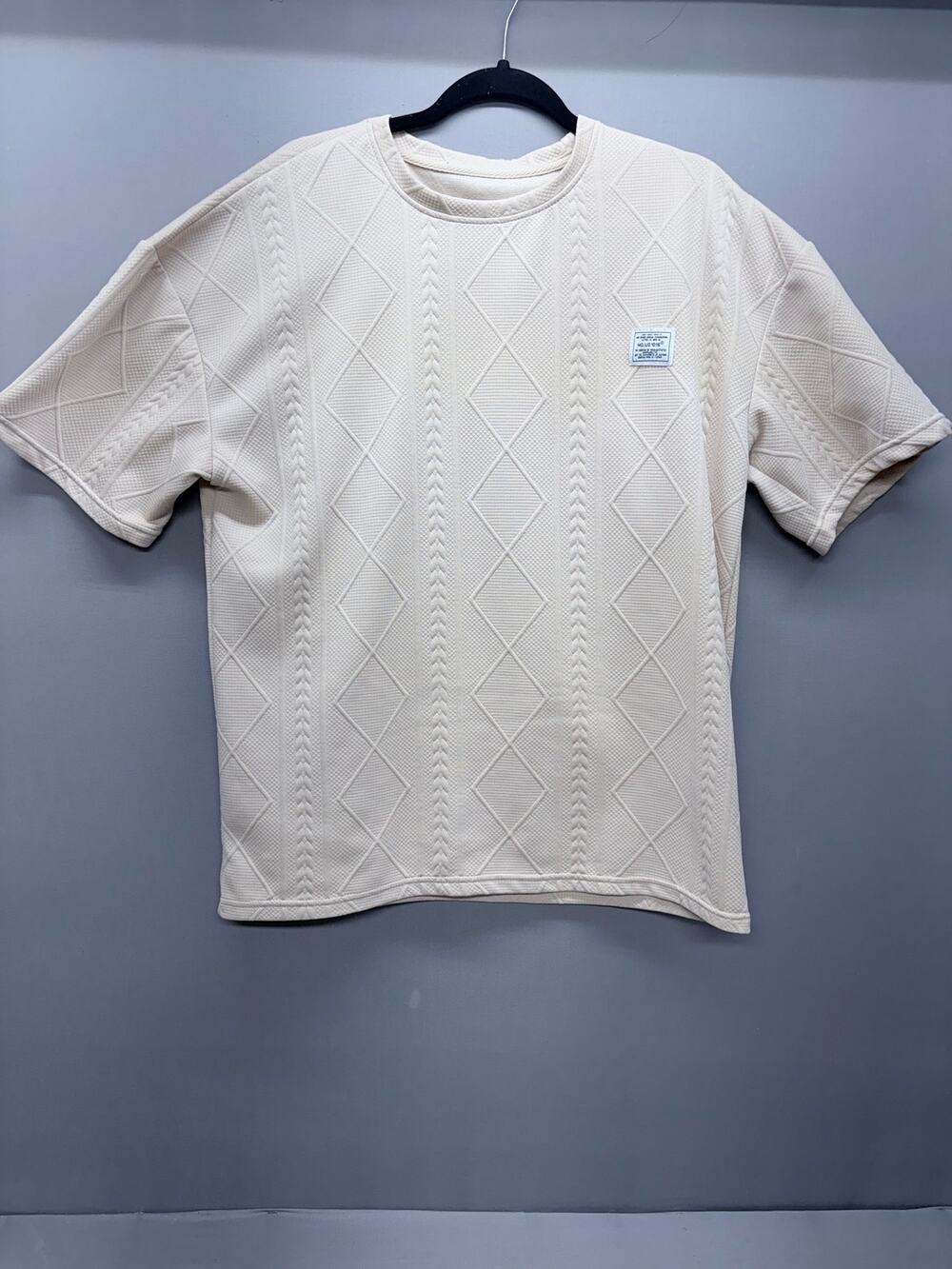 Mens Textured Knit 2 Piece Short Set Cream Beige Streetwear Lounge Suit Size L